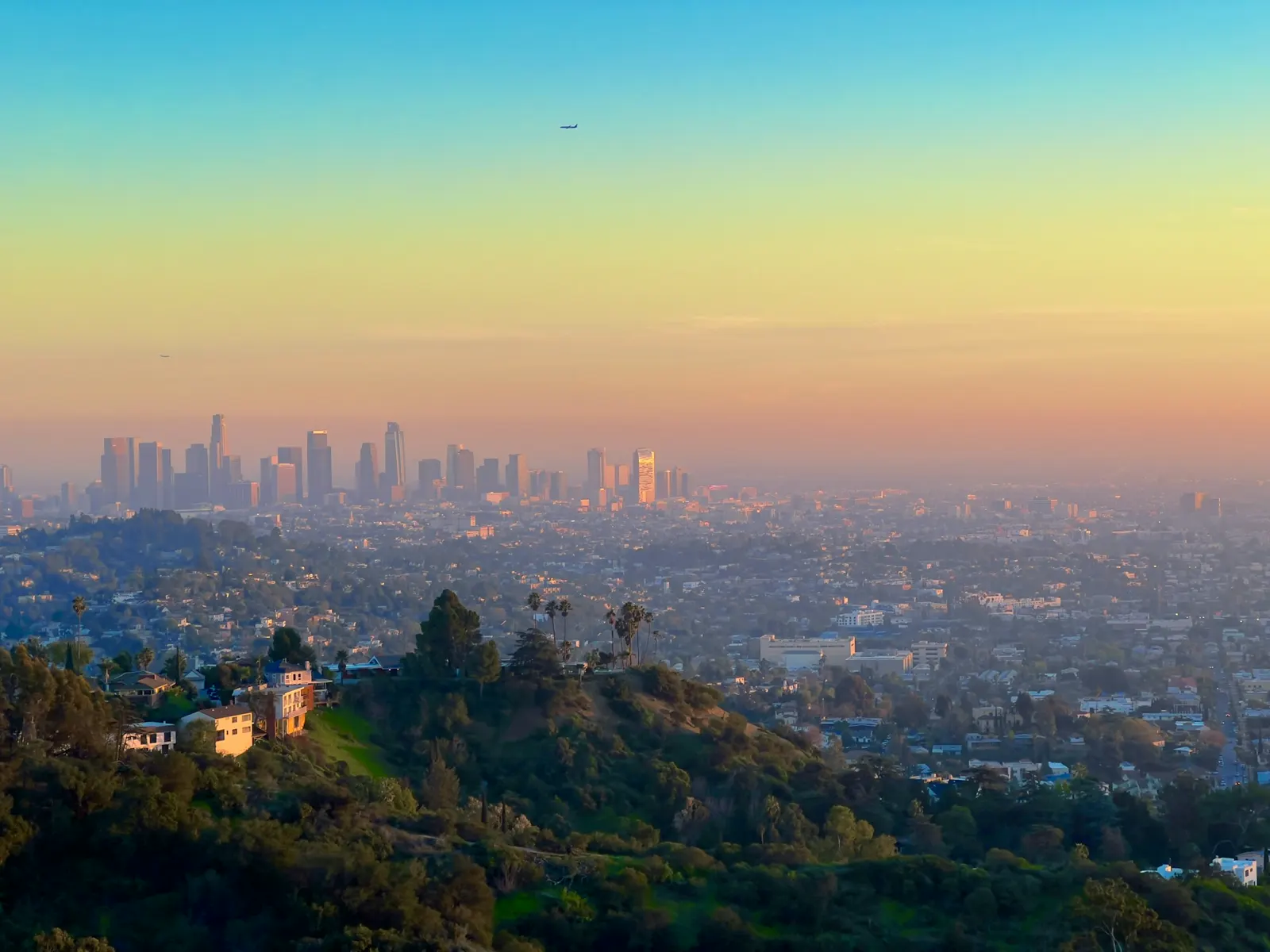Hillside homes with the Los Angeles skyline at dusk